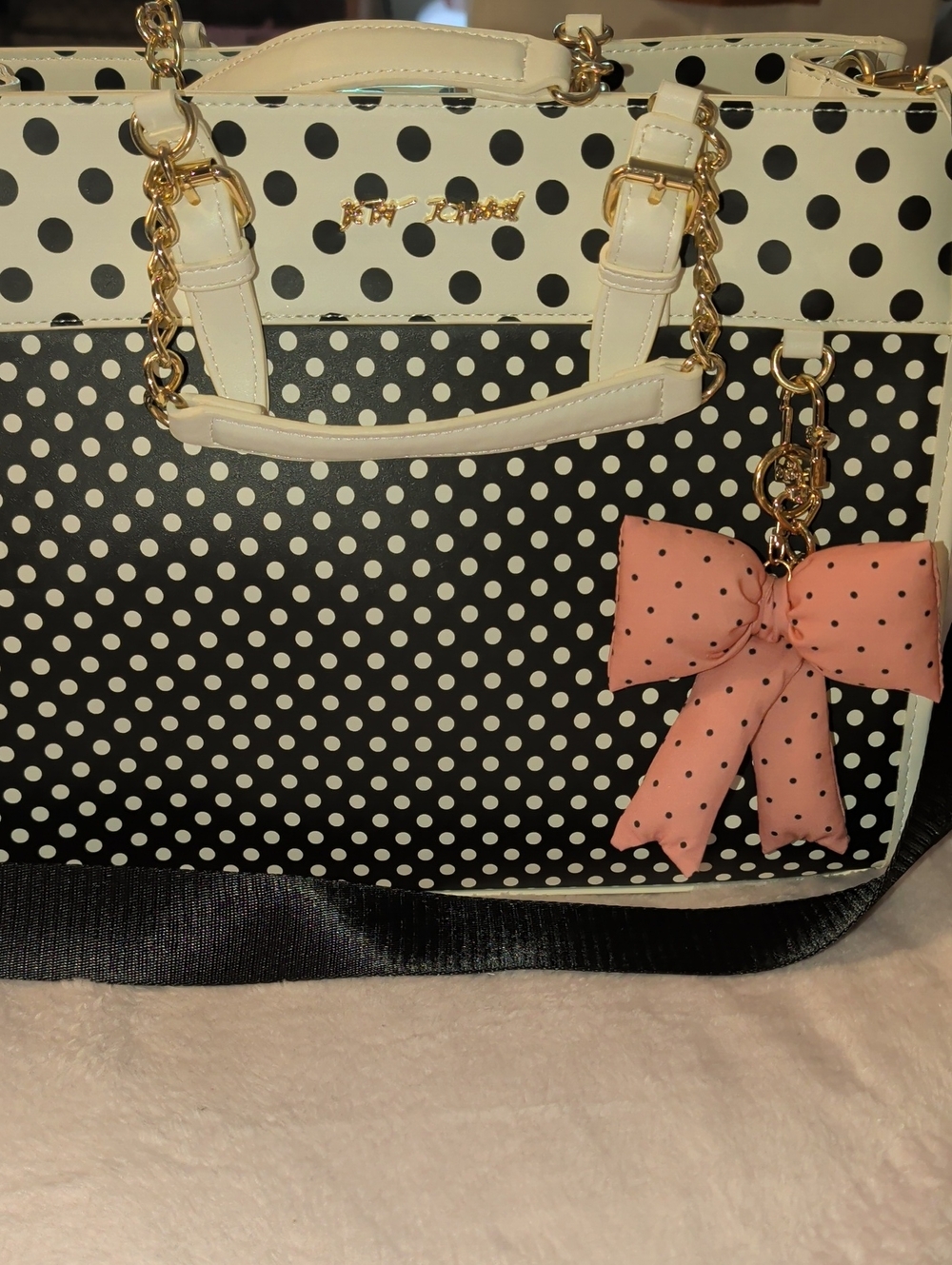 Polka Dot Tote with Pink Bow Charm - White & Black